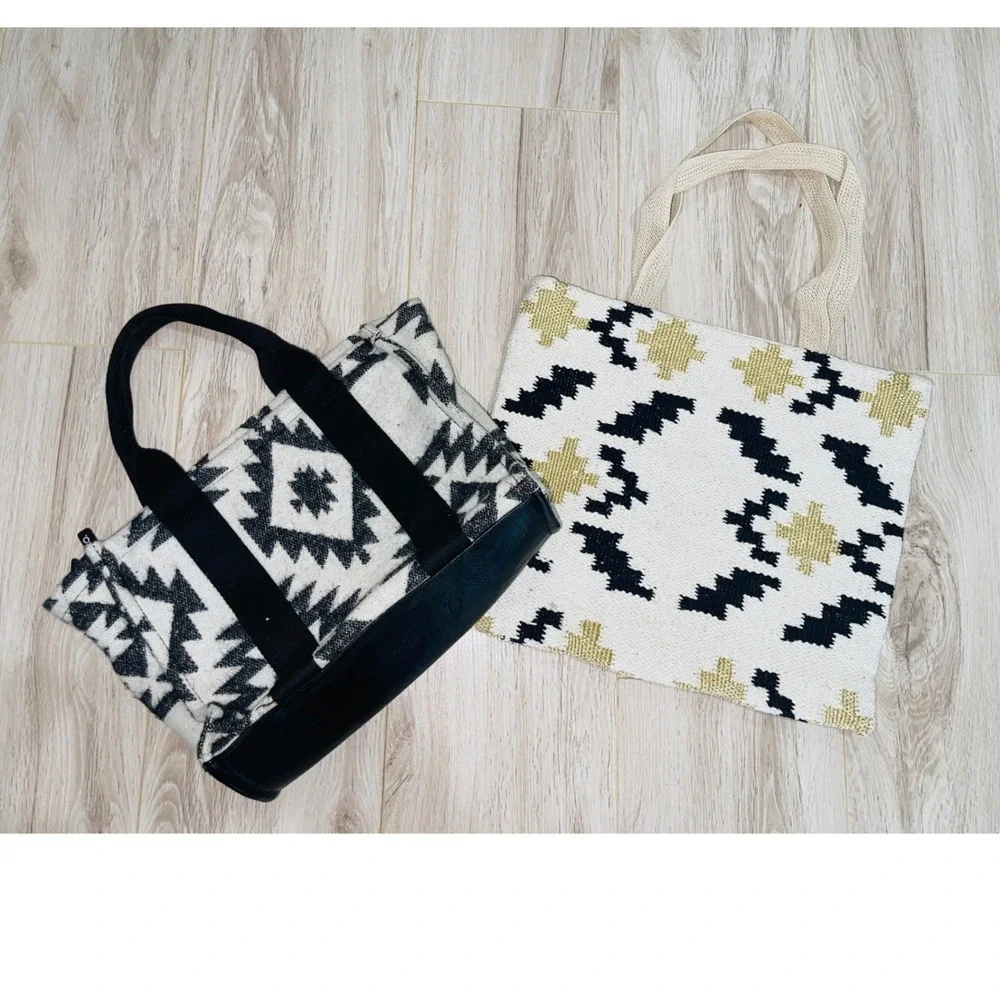 2-Piece Southwestern Geometric Woven Tote Bag Lot | Black, Cream & Gold Aztec